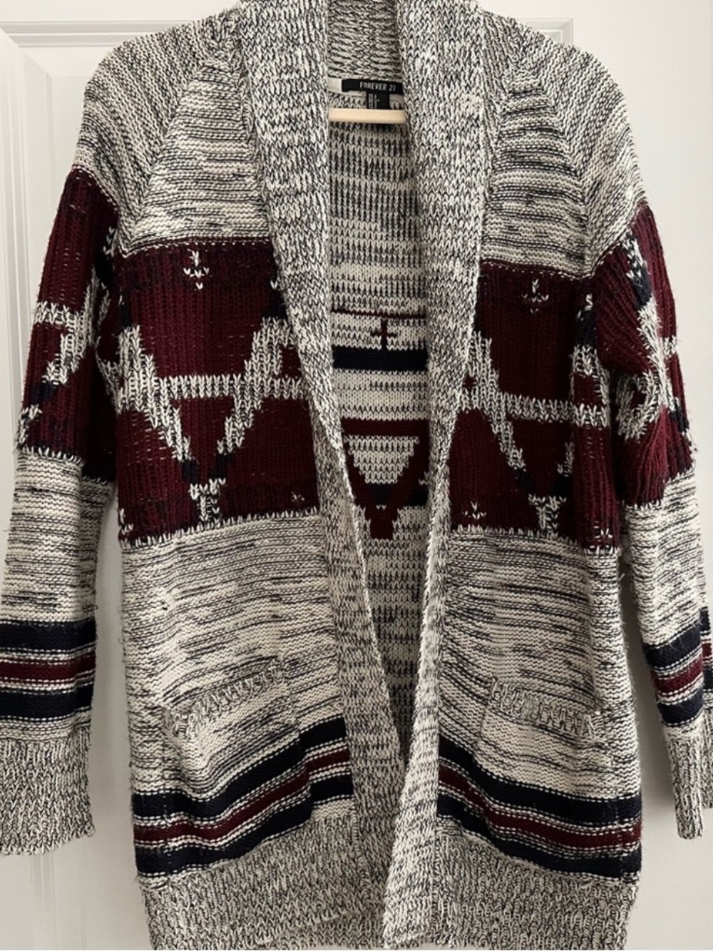 Fall Fair Isle Grey & Burgundy Open Front Oversized Chunky Knit Cardigan Sweater